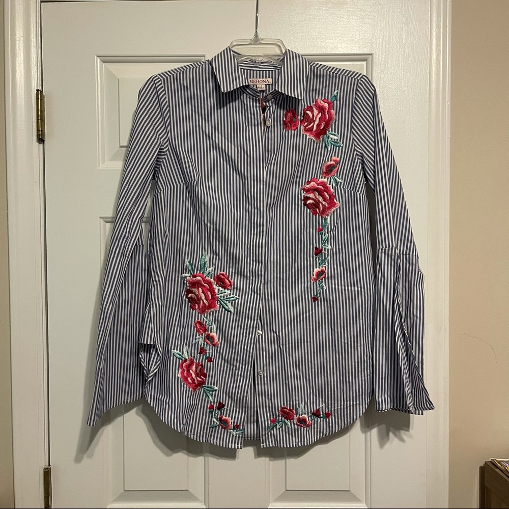 Merona Navy and White Striped Button-Down Shirt with Red Floral Embroidery
